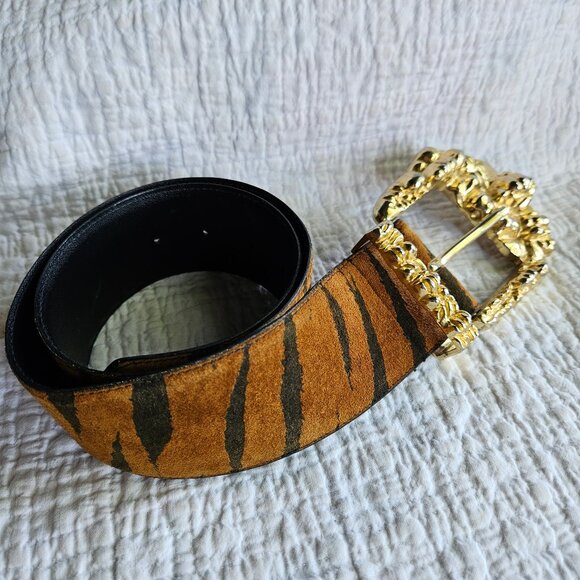 Vintage Accessories - Julius Resnick JR Vintage 80s Tiger Print Suede Leather Statement Belt Gold S/M